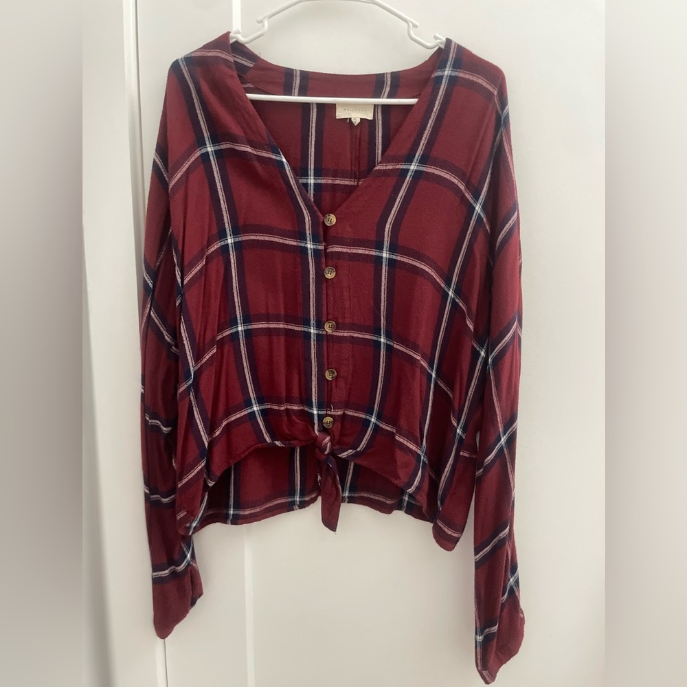 MELLODAY Red Plaid Button-Front Tie-Hem Top